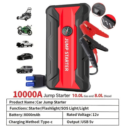 10000A Car Jump Starter 7-in-1 with 150PSI Air Compressor, Digital Tire Inflator, LED Emergency Light & USB Power Bank – Portable Battery Booster for Gas & Diesel Vehicles – Velora