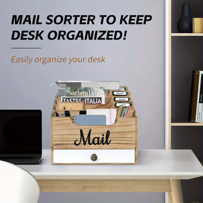 Large Solid Wood Desktop Mail Organizer with Drawer and 4 Compartments Labelable Dividers for Files Letters Paper Folders Desk Organizer for Home Office Students and Professionals