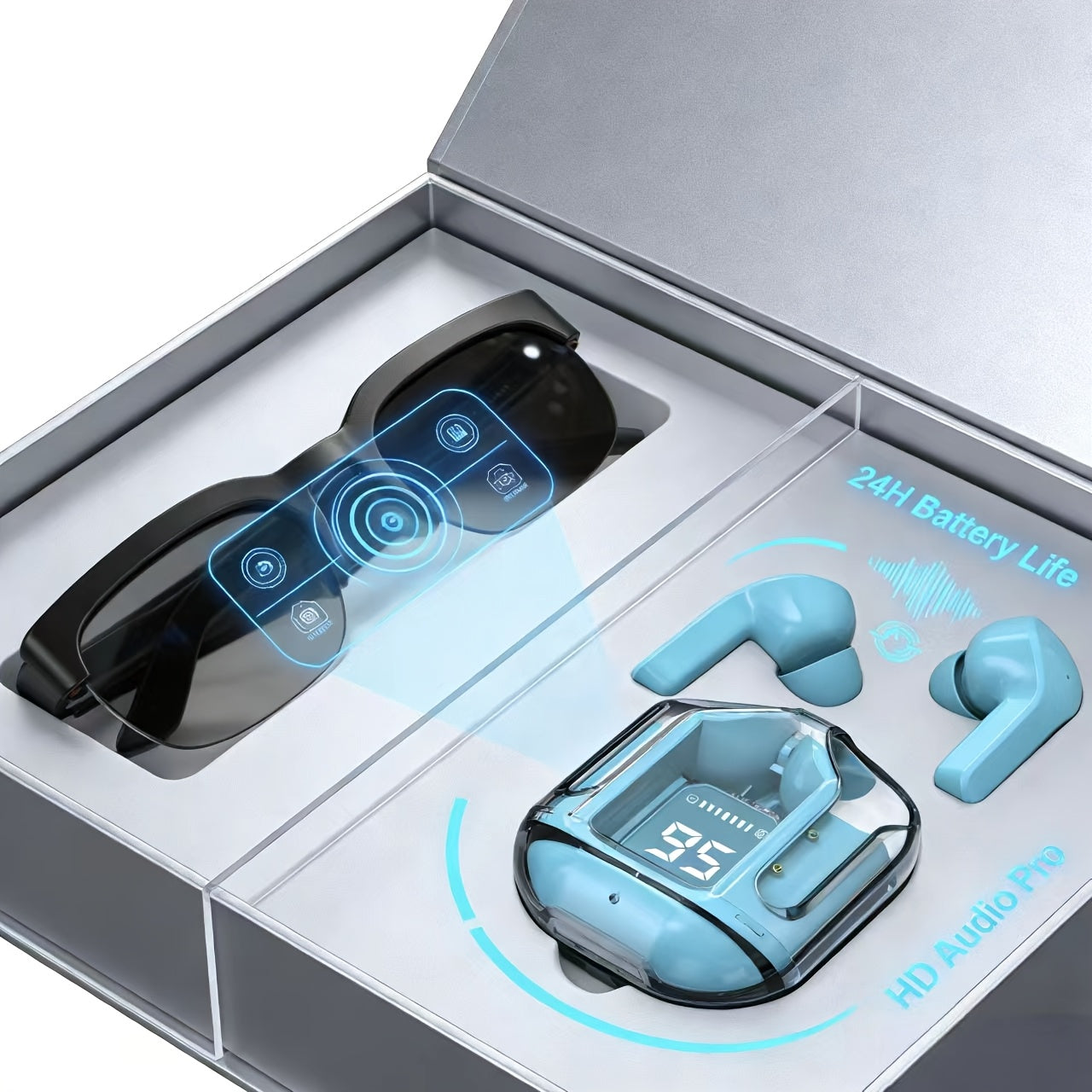 AI Translation Smart Glasses with Wireless Headphones Real-Time Multi-Language Translator Built-in Microphone Music Audio Glasses Rechargeable Sports Wearable Tech for Travel Business