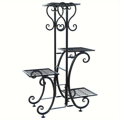 4 Tier Metal Plant Stand Indoor Outdoor Wrought Iron Corner Flower Pot Holder Display Rack Organizer for Garden Patio Balcony Lawn Office Planter Shelf Black