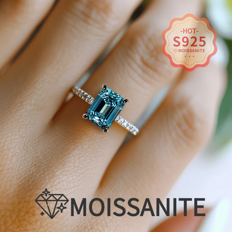 S925 Sterling Silver Blue Moissanite Promise Ring for Women – Princess Cut Square Stone, Engagement Wedding Bridal Ring with Certificate, Sizes 5-11, Elegant Luxury Gift