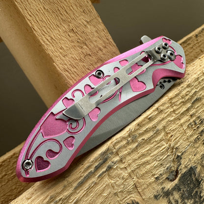Folding Pocket Knife 7 Inch Hearts Engraved – 3Cr13 Steel Blade EDC Knife Aluminum Heart Handle Belt Clip Donut Accent, Stylish Everyday Carry for Camping Hiking Collecting Gift, Rosy Pink Red Lavender Blue Rose