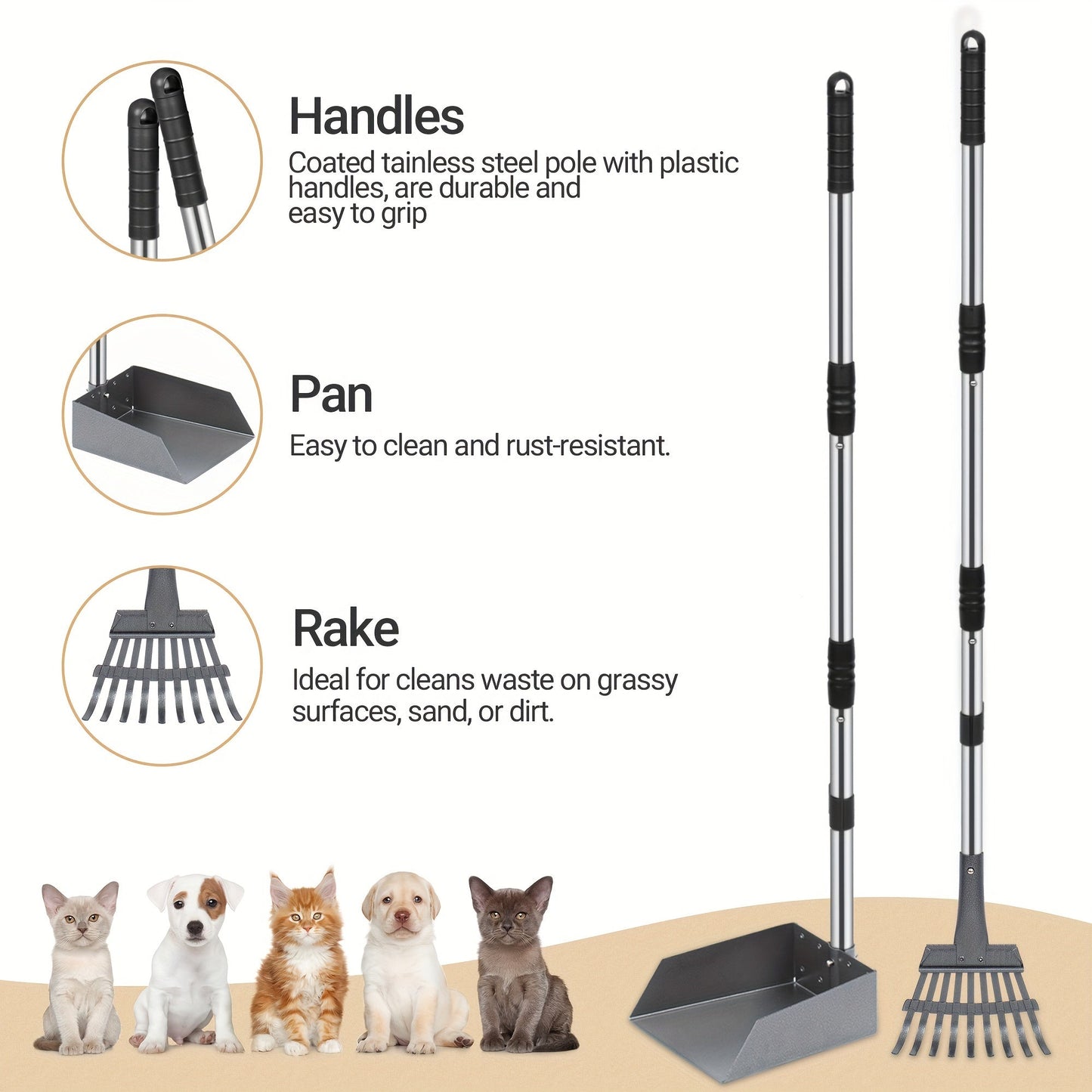 Stainless Steel Dog Pooper Scooper Set with Adjustable Handles – Rust-Proof Tray & Rake Pet Waste Removal Tool, Easy to Clean, No-Bend Design for All Dog Breeds, Yard & Outdoor Use