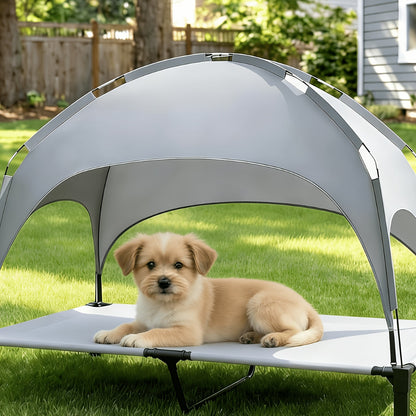 Elevated Dog Bed with Removable Canopy Shade Tent – Portable Raised Outdoor Cooling Pet Cot for Dogs & Cats, Breathable Mesh, Lightweight Foldable Design for Camping, Yard & Patio