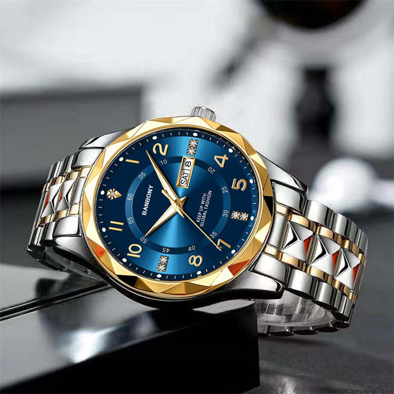 Stainless Steel Quartz Watch for Men & Women - Rhinestone Round Dial Luminous Display, Fully Automatic Multifunctional IPX7 Waterproof Wristwatch for Casual Sports, Holiday Birthday Gift