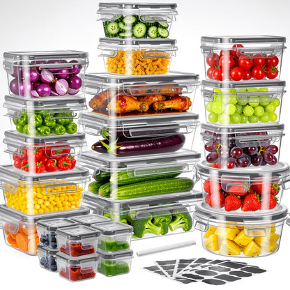 Stackable Food Storage Containers with Lids Set 12/24/48/50 Pieces - Leakproof Meal Prep Containers, Microwave Freezer Dishwasher Safe, Clear Plastic Containers for Leftovers, Fruits, Vegetables & Pantry