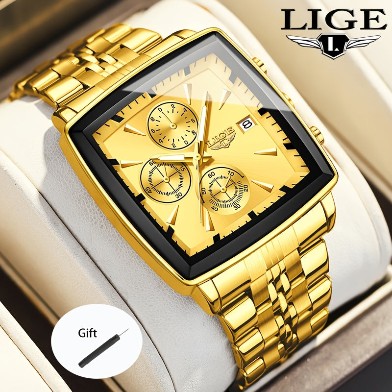 LIGE Men's Square Analog Quartz Watch – Stainless Steel Strap Calendar Display, Preppy Sport Fashion Wristwatch for Men Teens, 8 Color Options, Birthday Graduation Gift Blue Black Gold