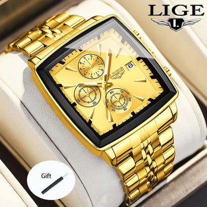 LIGE Men's Square Analog Quartz Watch – Stainless Steel Strap Calendar Display, Preppy Sport Fashion Wristwatch for Men Teens, 8 Color Options, Birthday Graduation Gift Blue Black Gold