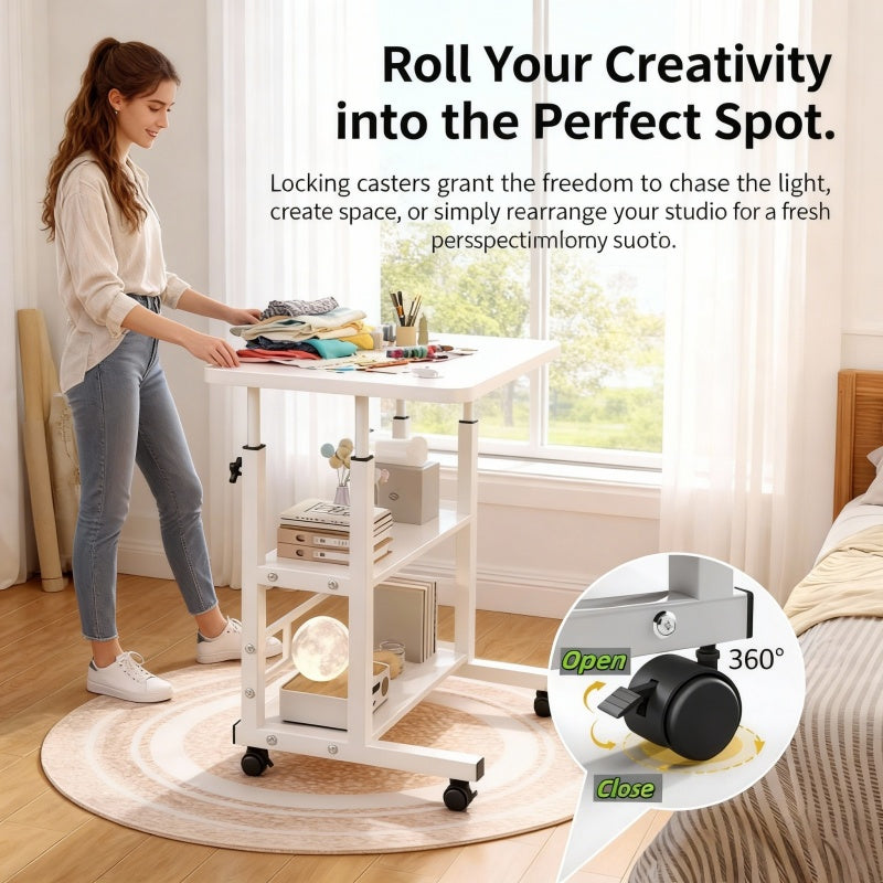 Mobile Craft Table with Adjustable Height & 4 Silent 360° Wheels - Rolling Storage Organizer with Double Shelves for Sewing, Knitting & Crafts, Bedroom & Living Room Use, Available in Black & White
