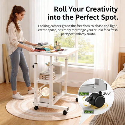 Mobile Craft Table with Adjustable Height & 4 Silent 360° Wheels - Rolling Storage Organizer with Double Shelves for Sewing, Knitting & Crafts, Bedroom & Living Room Use, Available in Black & White