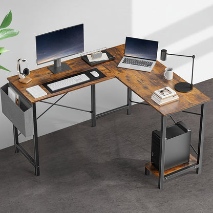 L Shaped Computer Desk with Storage Bag & Shelves – Reversible Corner Office Table, PC Laptop Workstation for Home Office, Study Room, Space-Saving Writing Desk