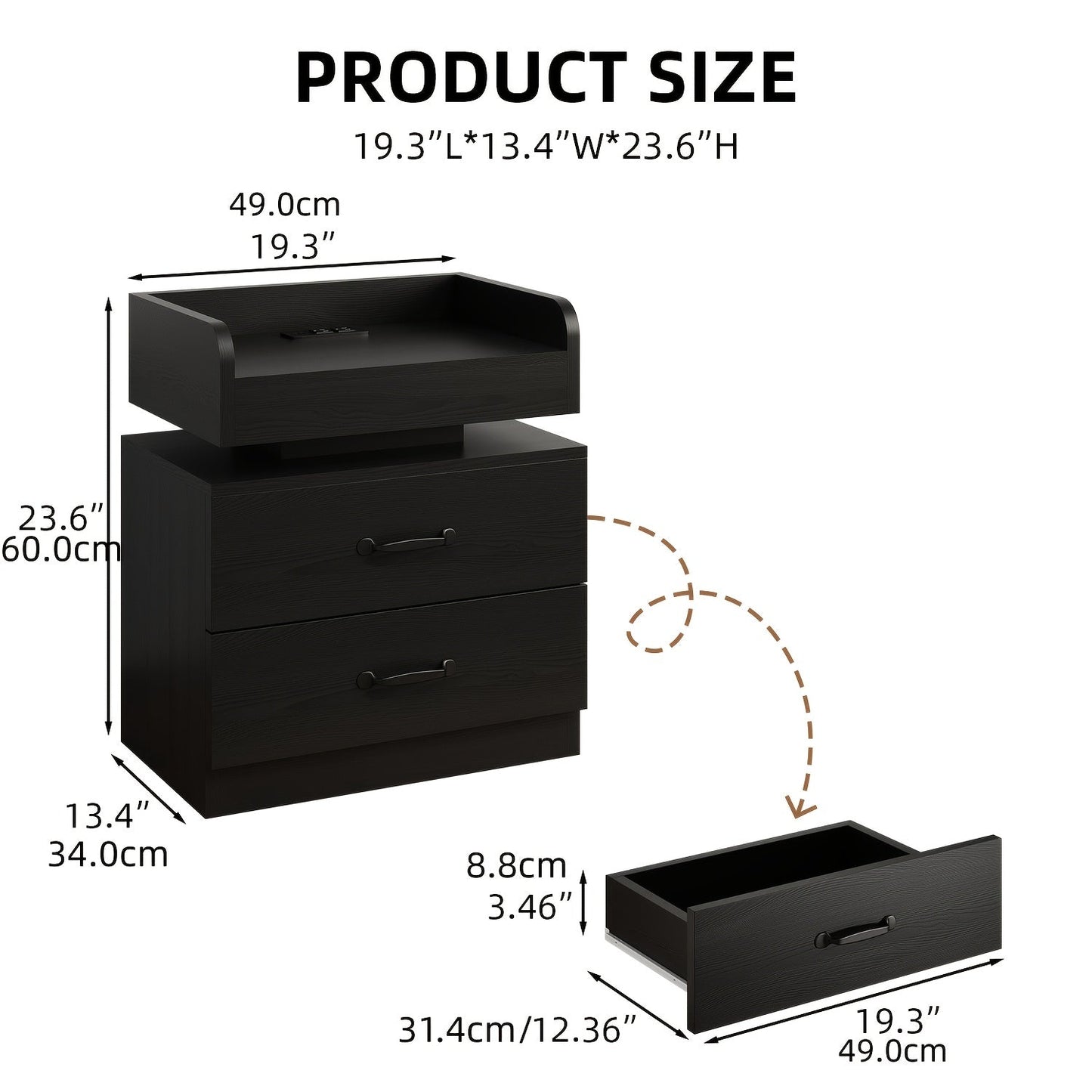 Nightstand with Charging Station & LED Lights – Modern Wooden Bedside End Table with Drawer & Storage, USB Charging Ports, for Bedroom & Living Room, Black or White, 1 or 2 Pack