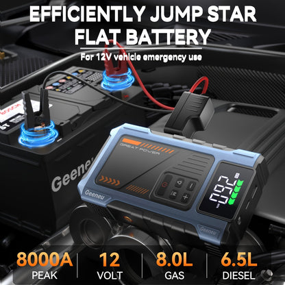 8000A Portable Jump Starter with Air Compressor – 12V Battery Booster for 8.0L Gas & 6.5L Diesel, USB Ports, LED Flashlight, Jump Box for Cars, Trucks & SUVs