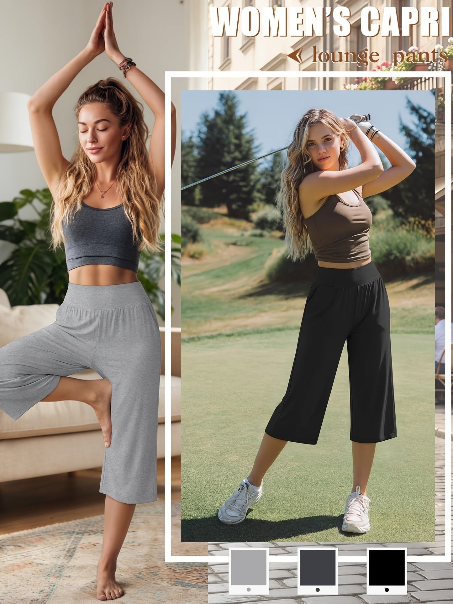 Women's Capri Pants 3-Pack – Loose Lounge Cropped Sweatpants Joggers with Pockets & Elastic Waist, Yoga Capri for Spring Summer Fall Casual Weekend Wear