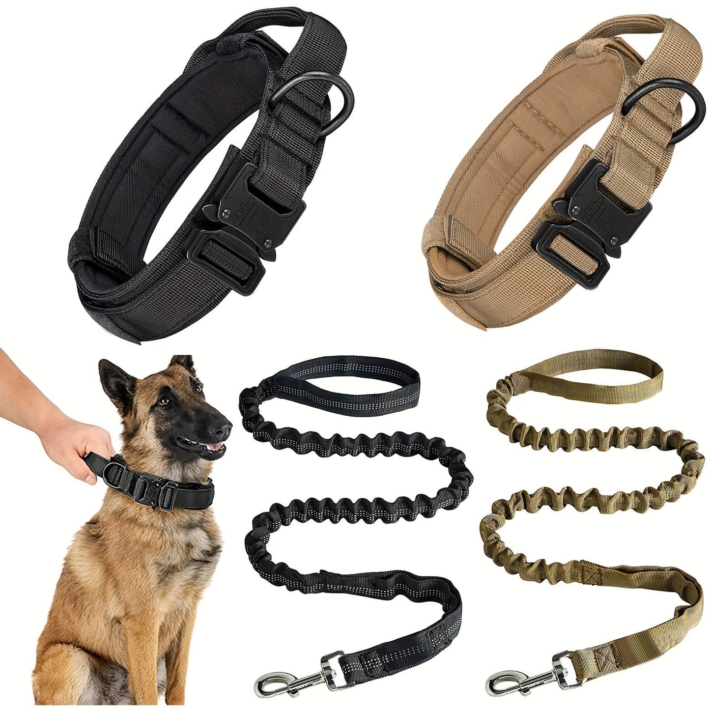 Tactical Dog Collar & Leash Set – Heavy-Duty Adjustable Polyester with Metal Buckle & D-Ring for All Dog Sizes, Military-Style Training Collar and Leash in Black & Khaki, Sizes M & L