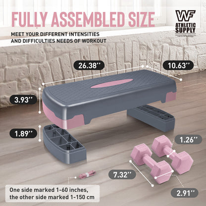Adjustable Height Aerobic Stepper Set with 2 Dumbbells & Measuring Tape – Non-Slip Exercise Step Platform, 4"-6" Level Risers, 550 LB Capacity, Home Gym Workout – Pink Grey, Blue & Green