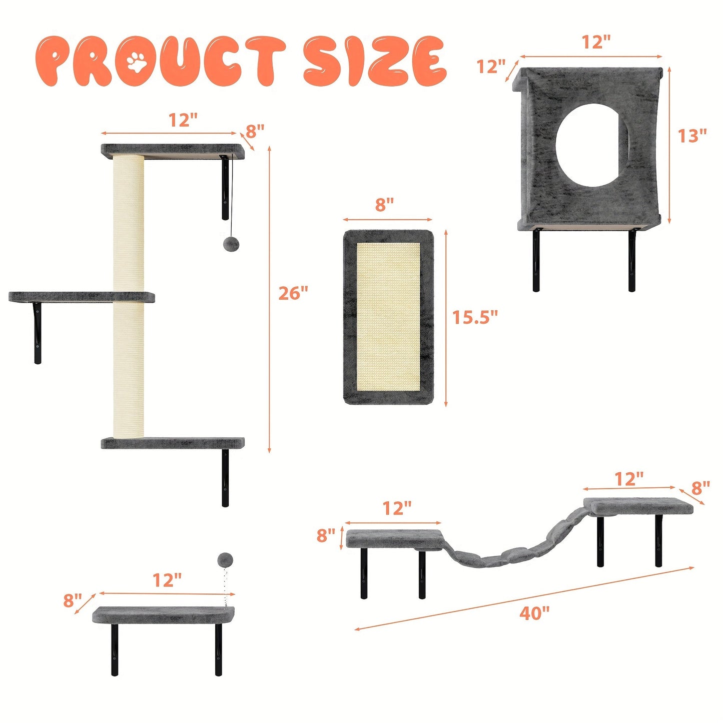 Cat Wall Shelves 5-Piece Set - Wall-Mounted Floating Cat Perch, Climber & Bridge, Modern Cat Furniture for Indoor Cats, Cat Tree Alternative with Cat Bed Platform, Space-Saving Cat House