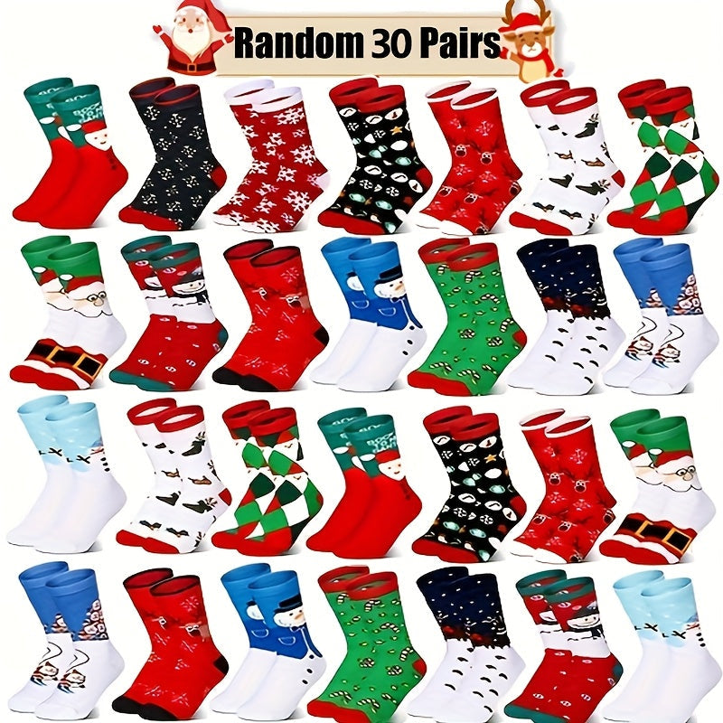 Christmas Socks 30 Pairs Fun Holiday Patterns Reindeer Santa Snowflakes Gingerbread Christmas Tree Warm Cartoon Socks – Unisex Gift Set for Men and Women