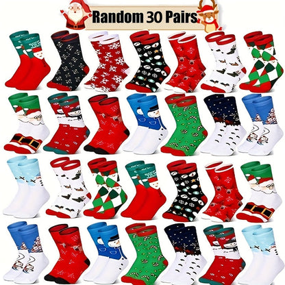 Christmas Socks 30 Pairs Fun Holiday Patterns Reindeer Santa Snowflakes Gingerbread Christmas Tree Warm Cartoon Socks – Unisex Gift Set for Men and Women