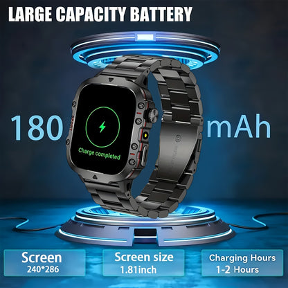 Men's Outdoor Smart Watch 1.81 Inch HD Touchscreen Wireless Calling LED Multiple Sports Modes USB Charging Fitness Tracker Compatible with Android iPhone Silicone Stainless Steel Band Black Gold