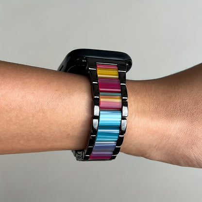Apple Watch Band Women 42 44 45 46 49mm Stainless Steel Resin Starlight Rainbow Replacement Strap for iWatch Series 3-11 SE Ultra 1 2 3 – Work Office Fitness Party