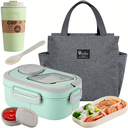 2-Layer Bento Lunch Box Set with Cup & Insulated Lunch Bag – Multi-Grid Leakproof Food Container for School, Office & Picnic, Choose Salad, Coffee, Milk or Soup Cup, Pink Green Blue White