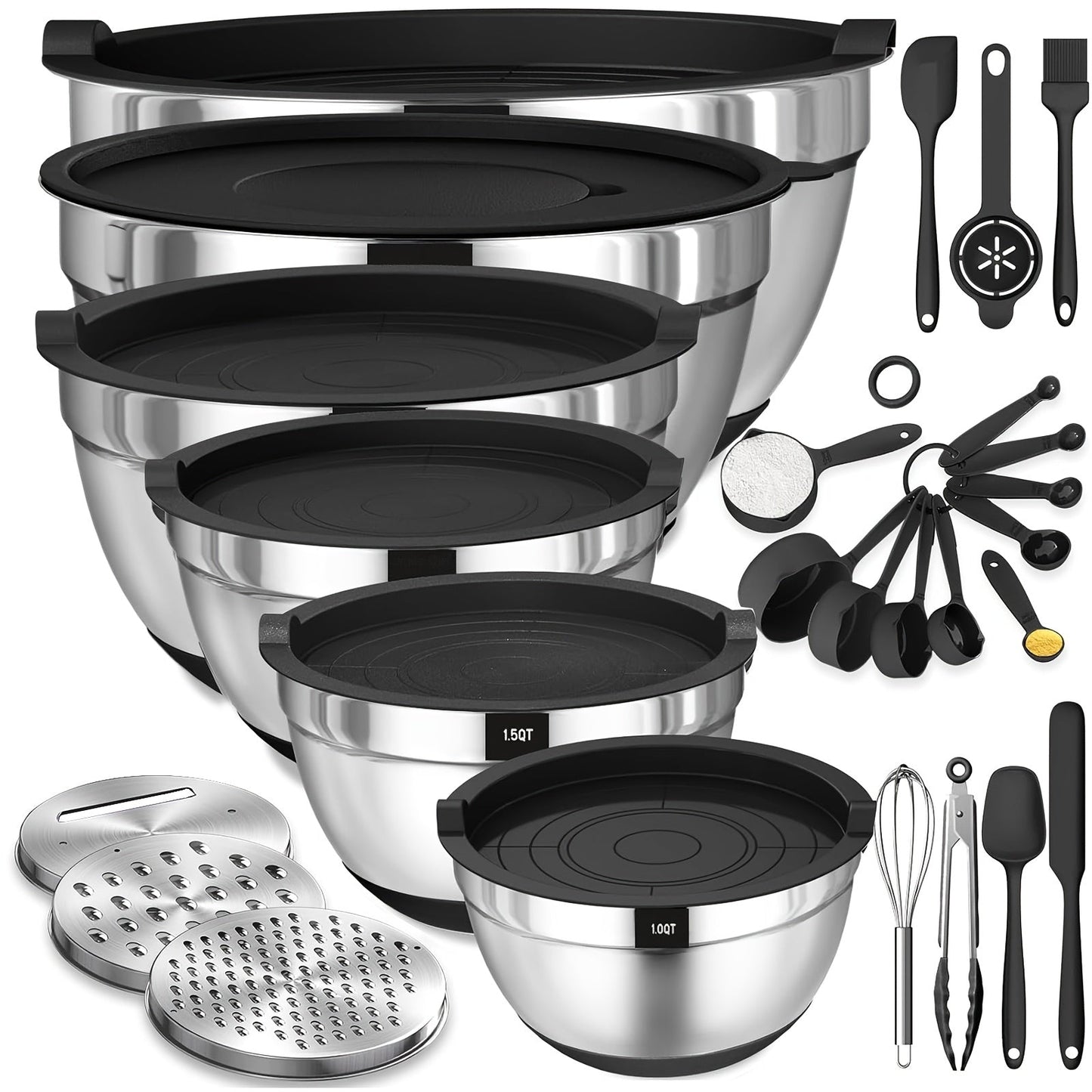 26-Piece Stainless Steel Mixing Bowls Set with Airtight Lids 3 Grater Attachments Non-Slip Bottoms 6 Sizes 7 4 2.5 2.0 1.5 1QT for Mixing Serving Baking Kitchen