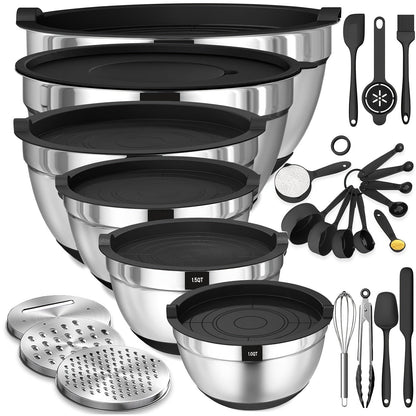 26-Piece Stainless Steel Mixing Bowls Set with Airtight Lids 3 Grater Attachments Non-Slip Bottoms 6 Sizes 7 4 2.5 2.0 1.5 1QT for Mixing Serving Baking Kitchen