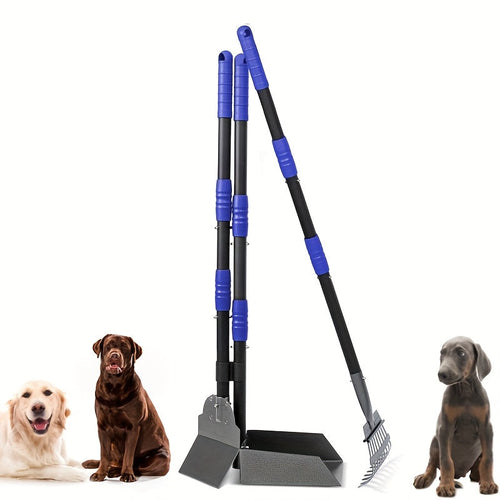 Stainless Steel Dog Pooper Scooper Set with Adjustable Long Handle – Rust-Proof Tray & Rake Pet Waste Removal Tool, No Bending, Easy to Clean, Ideal for All Dog Breeds, Outdoor Yard & Grass Use