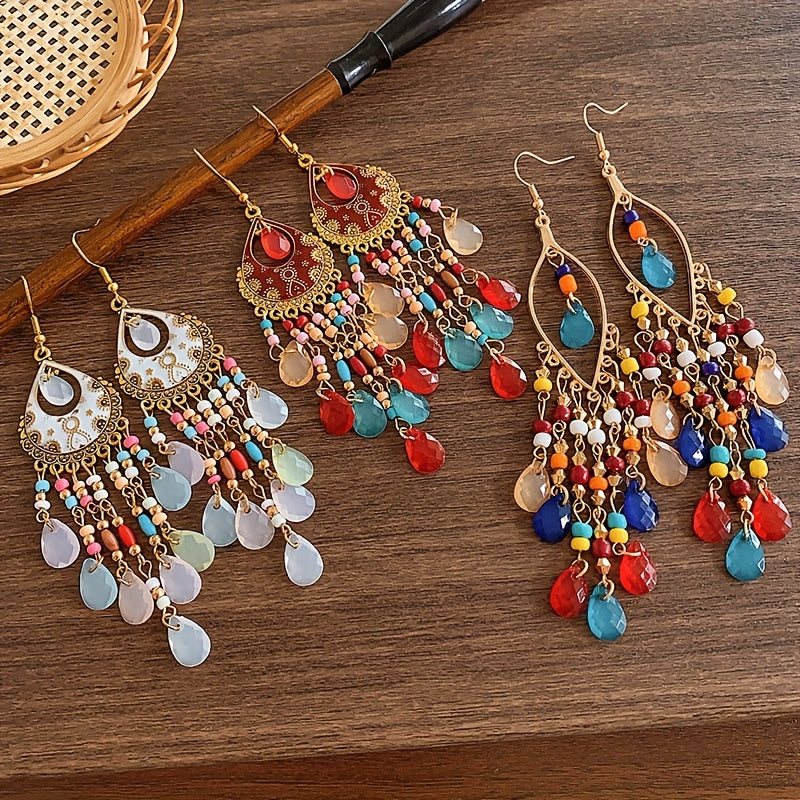 6-Pair Bohemian Tassel Earrings Set for Women – Vintage Beaded Dangle Earrings with Teardrop & Round Beads, Multicolor Boho Statement Jewelry, Lightweight Alloy Hoops for Parties & Vacations
