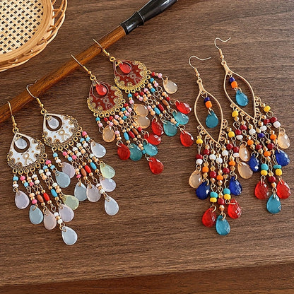 6-Pair Bohemian Tassel Earrings Set for Women – Vintage Beaded Dangle Earrings with Teardrop & Round Beads, Multicolor Boho Statement Jewelry, Lightweight Alloy Hoops for Parties & Vacations