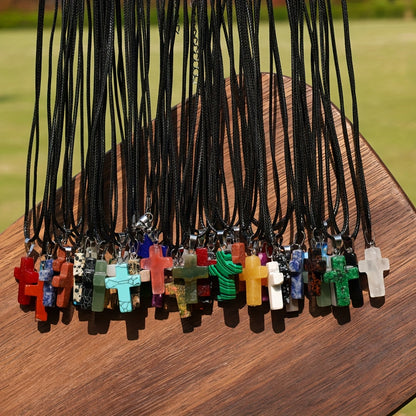50pcs Natural Stone Cross Pendant and Necklace DIY Set – 25 Colorful Stone Cross Charms + 25 Black Chains for Jewelry Making Bracelets Earrings Craft Teen Gift