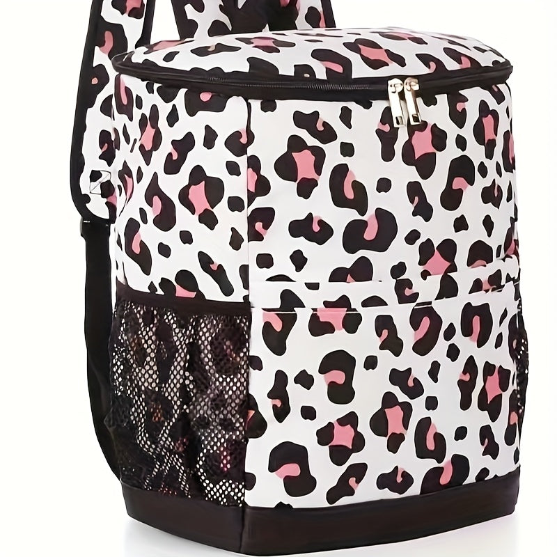 Insulated Cooler Backpack 30 Can Leopard Print with Mesh Pockets & Adjustable Straps - Leakproof Nylon Cooler Bag for Beach Camping Picnic Hiking Travel Daily Use