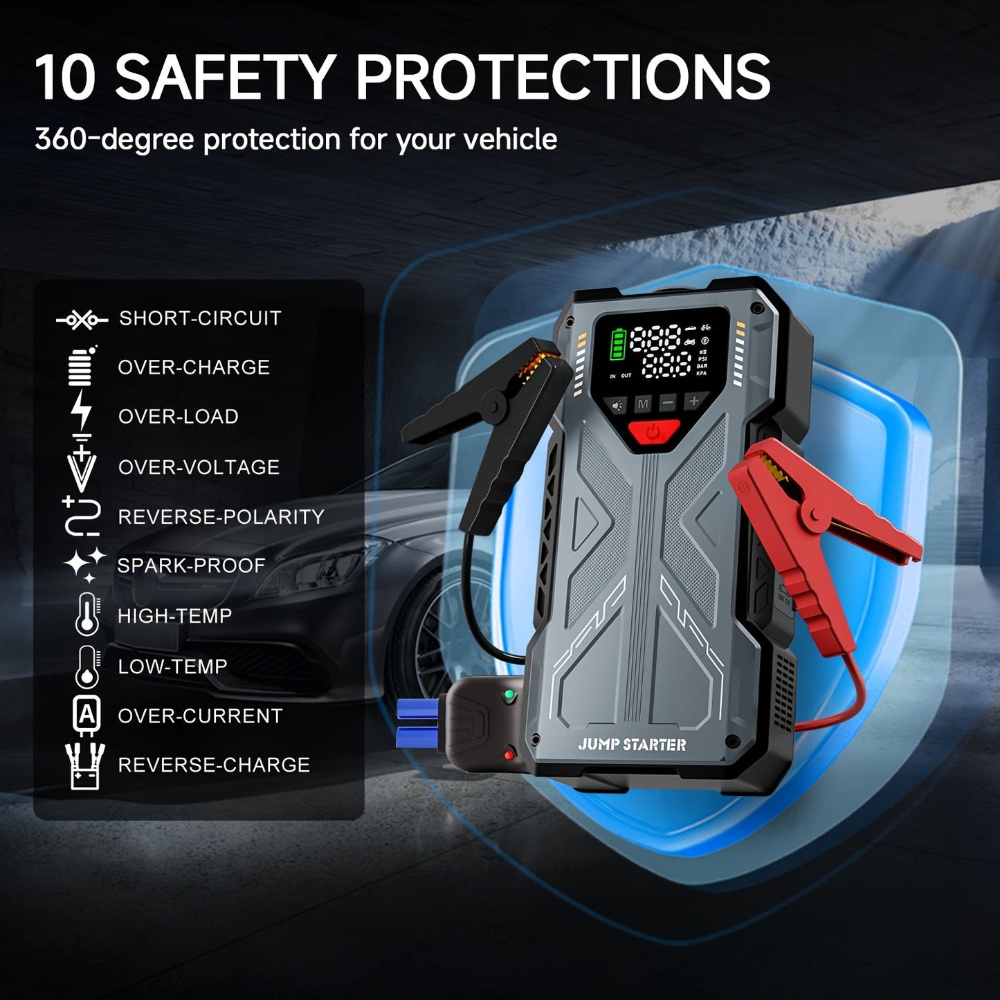 9-in-1 Portable Jump Starter with Air Compressor for 12V Car Up to 8.0L Gas 6.5L Diesel – Battery Booster Pack with Tire Inflator, USB Power Bank, LED Emergency Light & Roadside Kit
