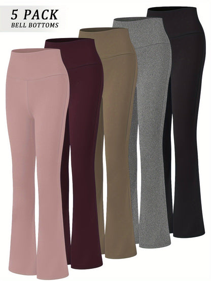 Women's High Waisted Flare Bell Bottom Yoga Pants 5-Pack Tummy Control Full-Length Bootleg Leggings Soft Stretch Wide Leg Pants for Yoga Gym Dance Pilates Year-Round Wear Sizes S-XXL