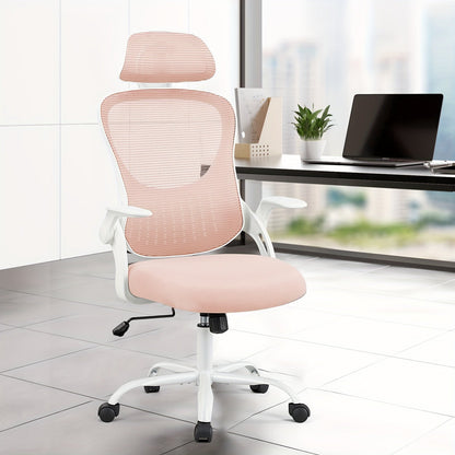 Ergonomic High-Back Mesh Office Chair with Flip-Up Arms Adjustable Headrest Lumbar Support & Wheels - Rolling Computer Desk Chair for Home Office Bedroom Study Pink Grey Black