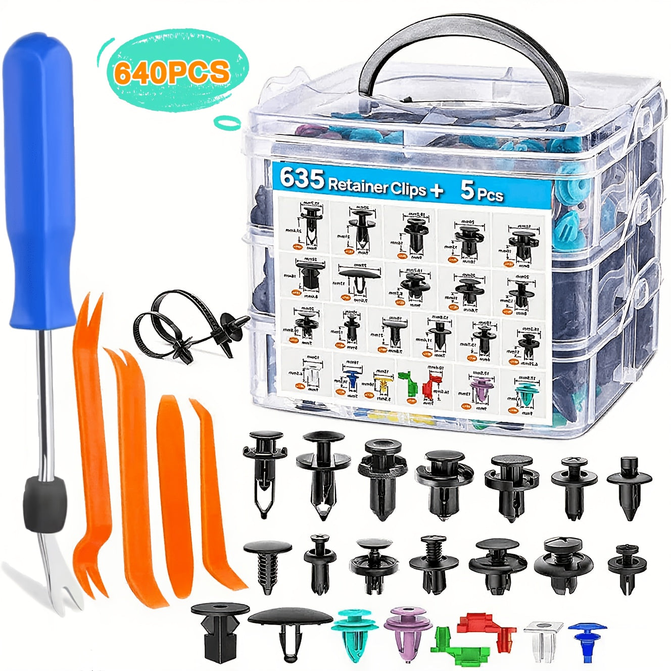 Car Push Retainer Clips Assortment Kit 115/635/640/1290 Pcs - 16 Sizes Nylon Bumper Fender Rivets Automotive Fasteners with Cable Ties & Removal Tool