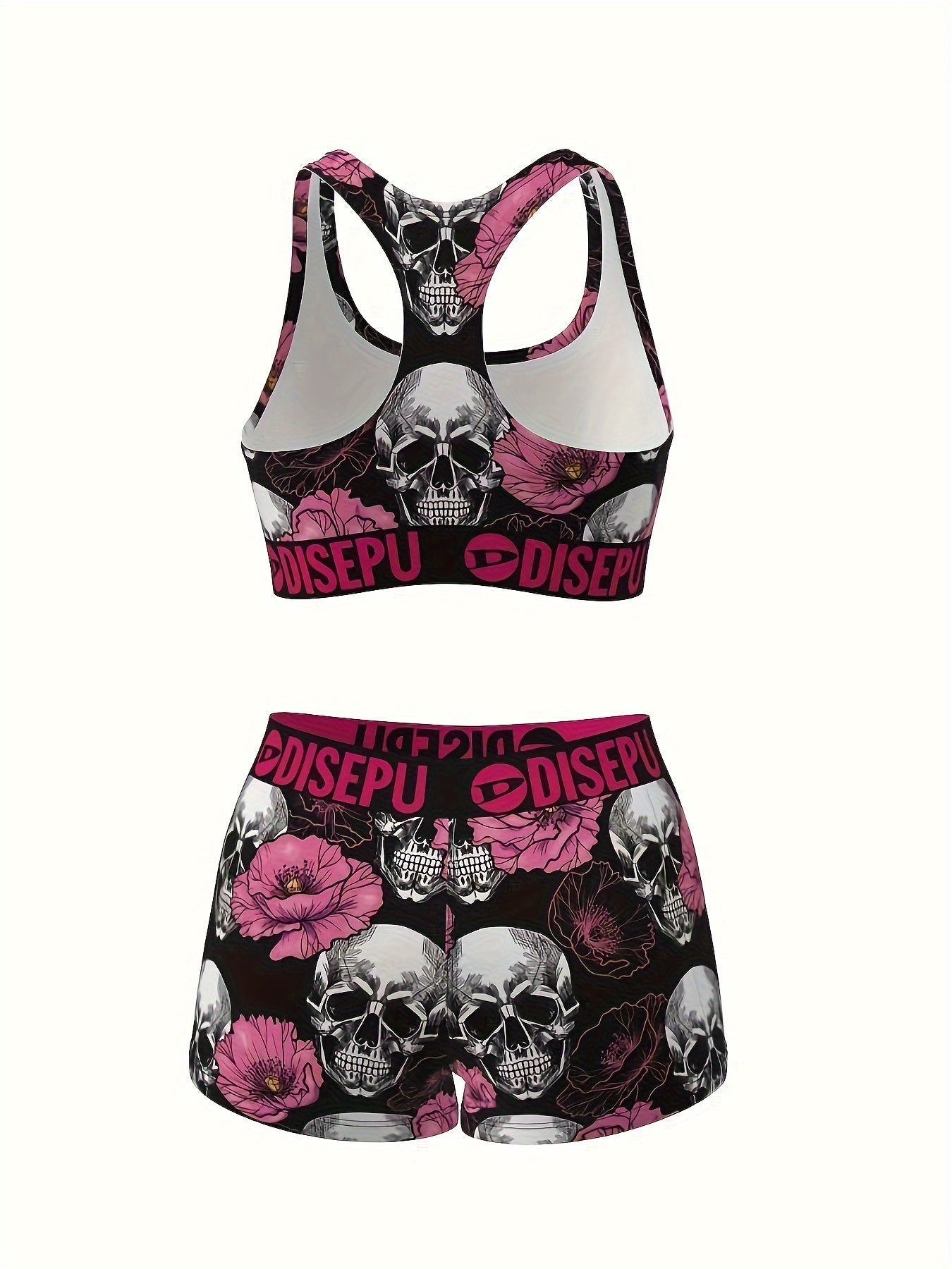 Women's Skull Pink Flower Print Sports Bra and Shorts Set - 2 Piece Gothic Floral High Stretch Activewear for Gym Yoga Running Halloween Workout, Breathable Athletic Outfit Sizes S-XXL