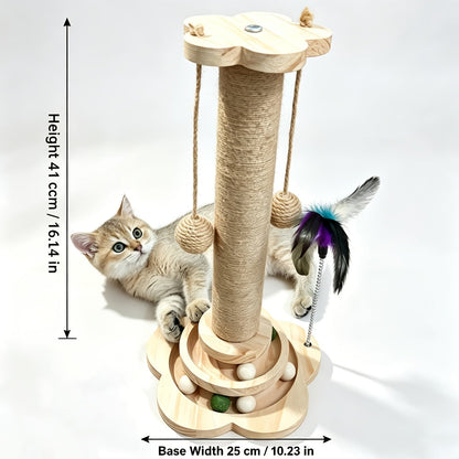 Multi-Level Cat Scratching Post Premium Sisal with 6 Wooden Toy Balls 2 Hanging Balls 2 Feather Teaser Toys Non-Slip Base Interactive Cat Tree for Indoor Cats Kittens