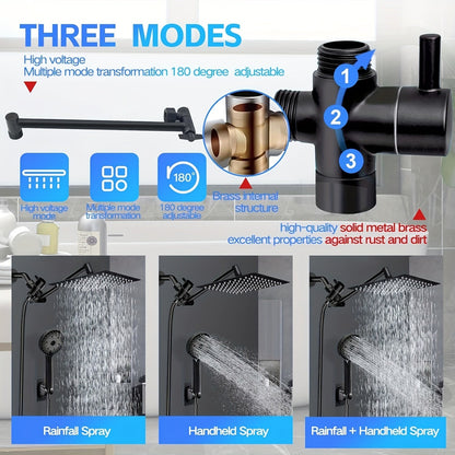 High Pressure Rainfall Handheld Shower Head Combo 11-Inch Extension Arm 9 Settings Anti-Leak Height Adjustable Chrome Matte Black