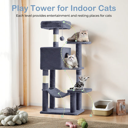 44-Inch Cat Tree Tower with Condo & Hammock – Natural Sisal Scratching Posts, Multi-Level Perches & Pet House for Indoor Cats, Available in Beige, Gray, Pink & Black/Red