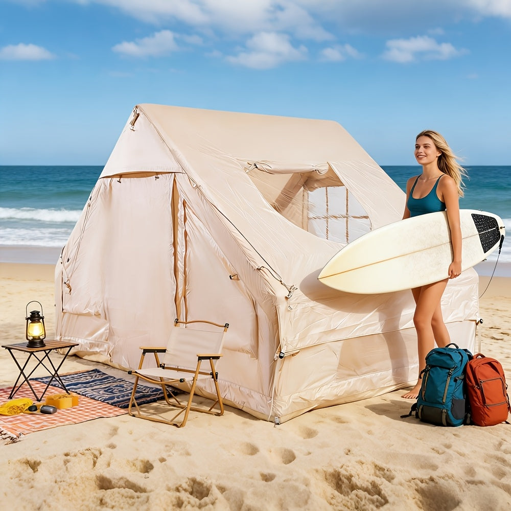 Inflatable Camping Tent 4-6 Person – 4-Season Luxury Air Tent with Manual Pump Easy Setup Windproof Glamping House for Family Outdoor Camping