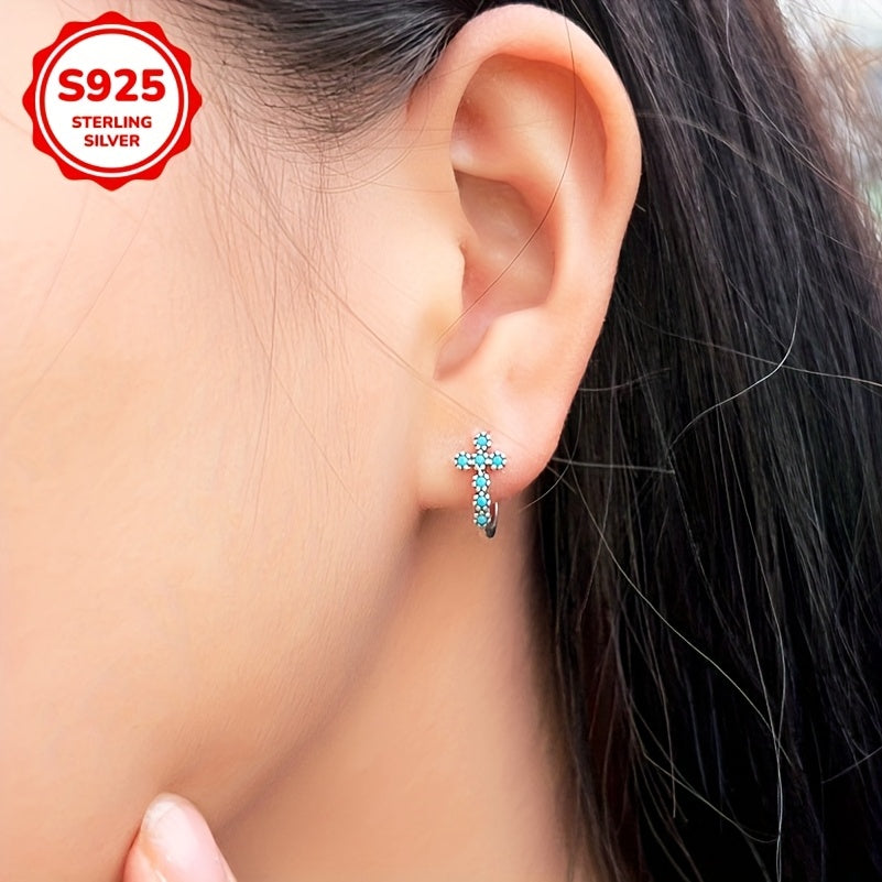 925 Sterling Silver Blue Turquoise Cross Dangle Earrings for Women – Hypoallergenic Boho Vintage Drop Earrings, Synthetic Inlay, Elegant Gift for Valentine's Day Birthday Anniversary