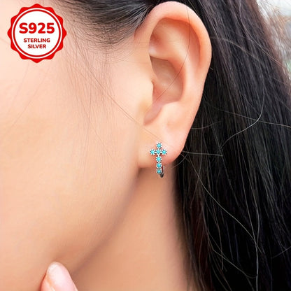 925 Sterling Silver Blue Turquoise Cross Dangle Earrings for Women – Hypoallergenic Boho Vintage Drop Earrings, Synthetic Inlay, Elegant Gift for Valentine's Day Birthday Anniversary