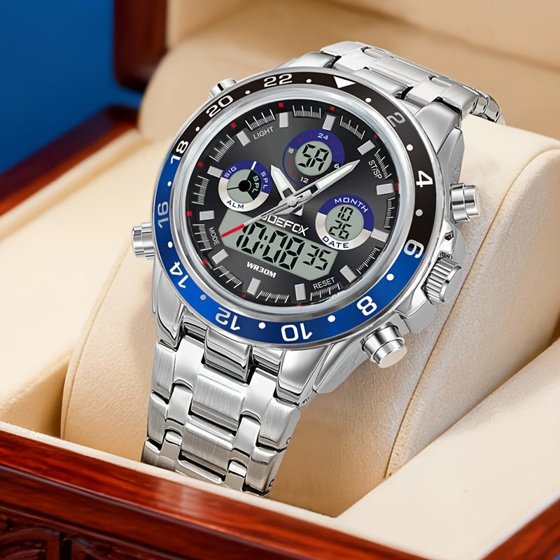 Men's Vintage Business Chronograph Watch with Steel Band – Dual Movement Waterproof Wristwatch with Band Adjustment Tool Father's Day Birthday Gift for Men