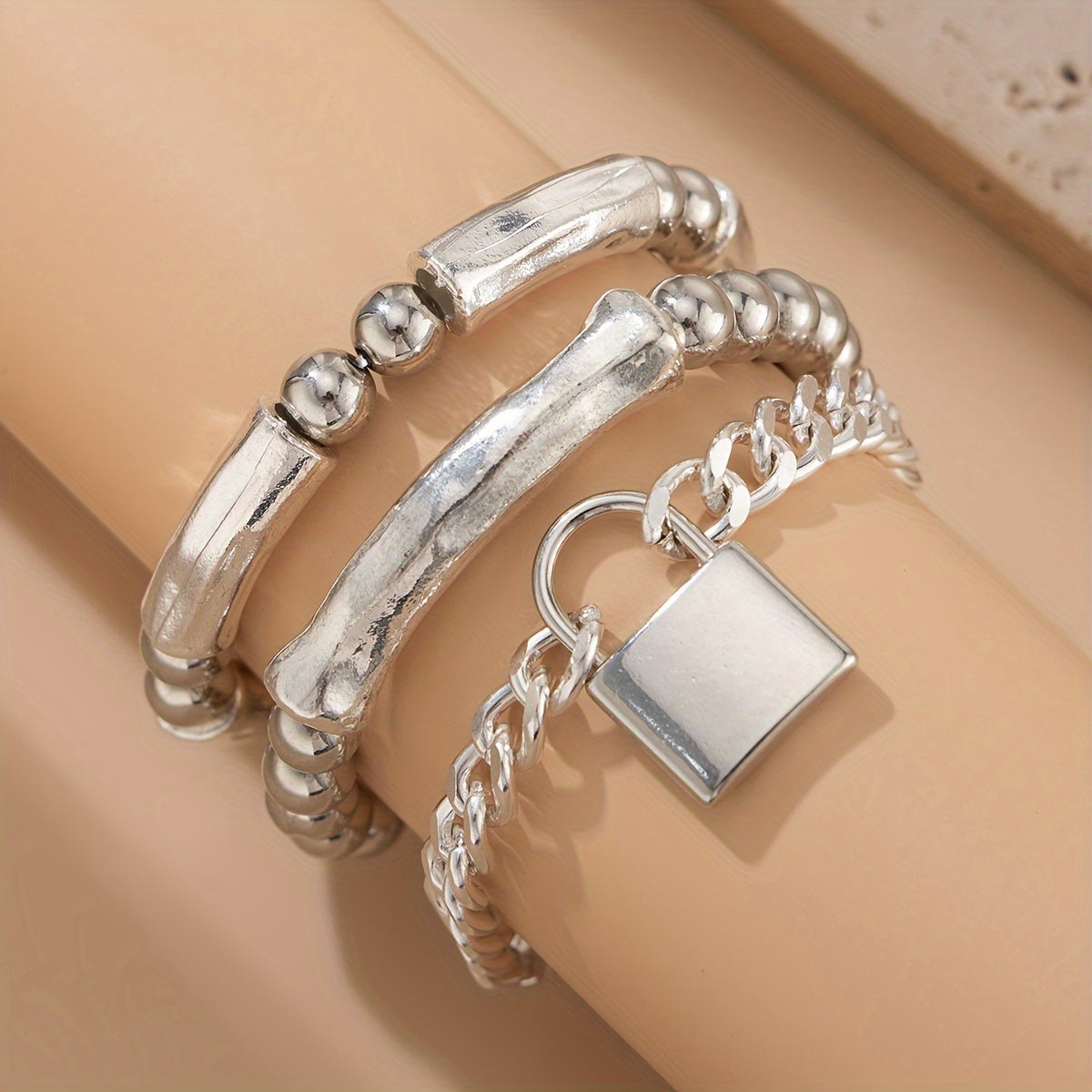 3pcs 925 Sterling Silver Beaded Punk Bracelet Set with Lock Pendant – Exquisite Stackable Edgy Silver Wrist Jewelry for Women Men Teens, Party Festival Daily Wear Gift