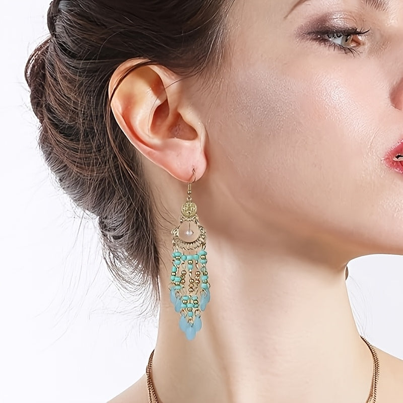 6-Pair Bohemian Tassel Earrings Set for Women – Vintage Beaded Dangle Earrings with Teardrop & Round Beads, Multicolor Boho Statement Jewelry, Lightweight Alloy Hoops for Parties & Vacations