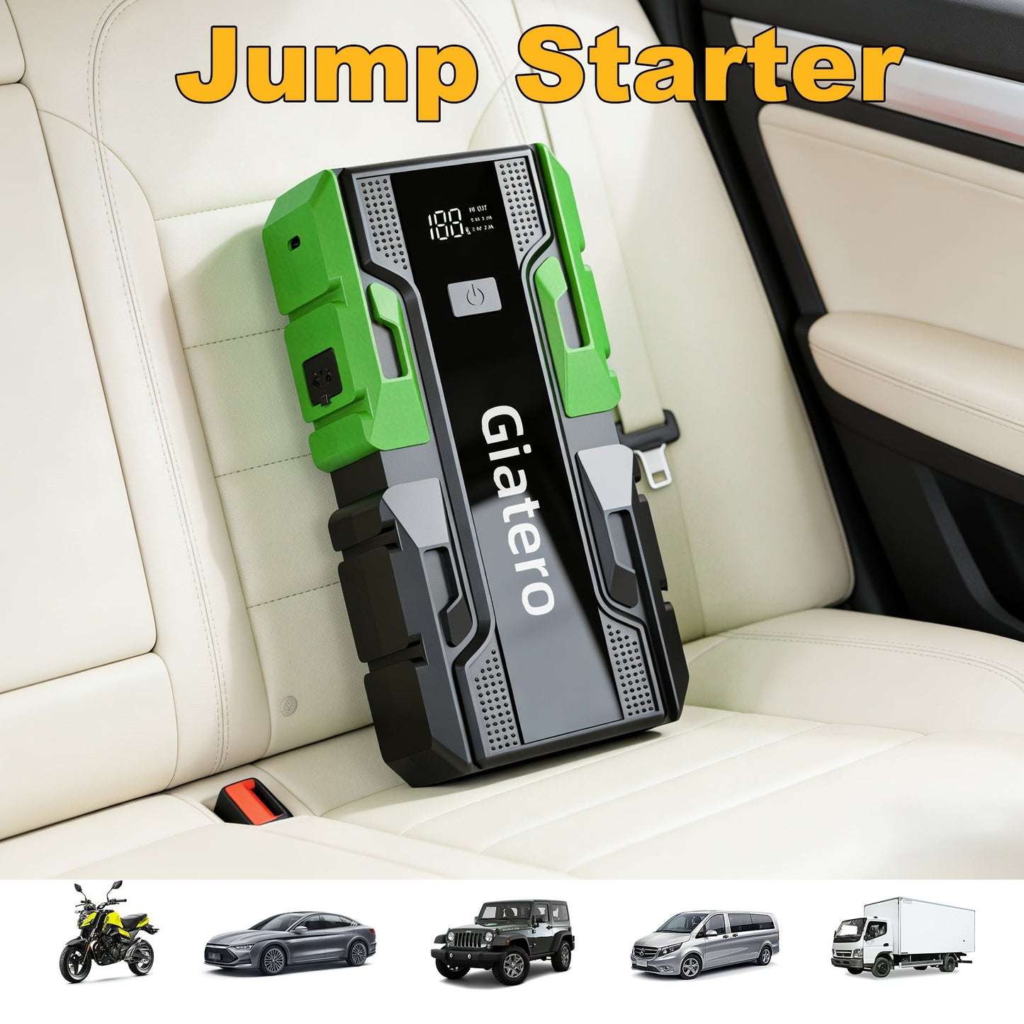 12V Portable Car Jump Starter with Built-In Air Compressor Tire Inflator – Emergency Battery Booster for Gas (3.7 Gal) & Diesel (3.17 Gal) Engines, Trucks & Cars Emergency Starter Power Supply
