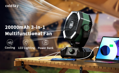 20000mAh Camping Fan with Dual Motor – Battery Operated Portable Fan with 4 LED Lantern Modes, 8 Speeds & Remote Control, Hanging Hook for Tent, Power Outages & Jobsite Use