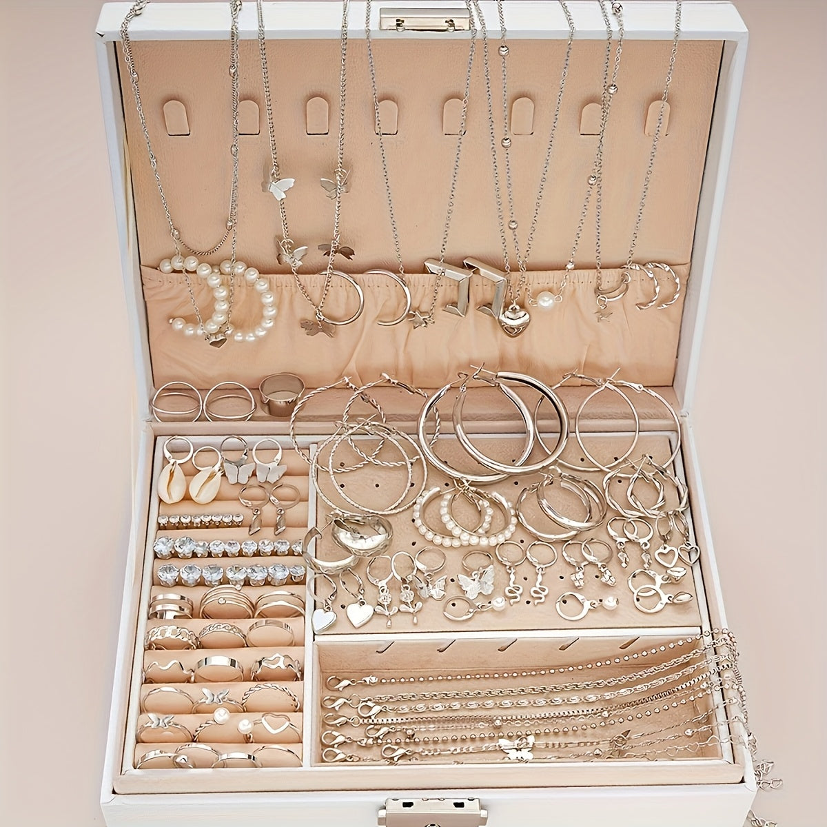 108pcs Women Jewelry Set Vintage Butterfly Heart Rhinestone Necklace Bracelet Anklet Ring Earrings Bundle Multi-Layer Chains Silver Fashion Jewelry Gift for Her